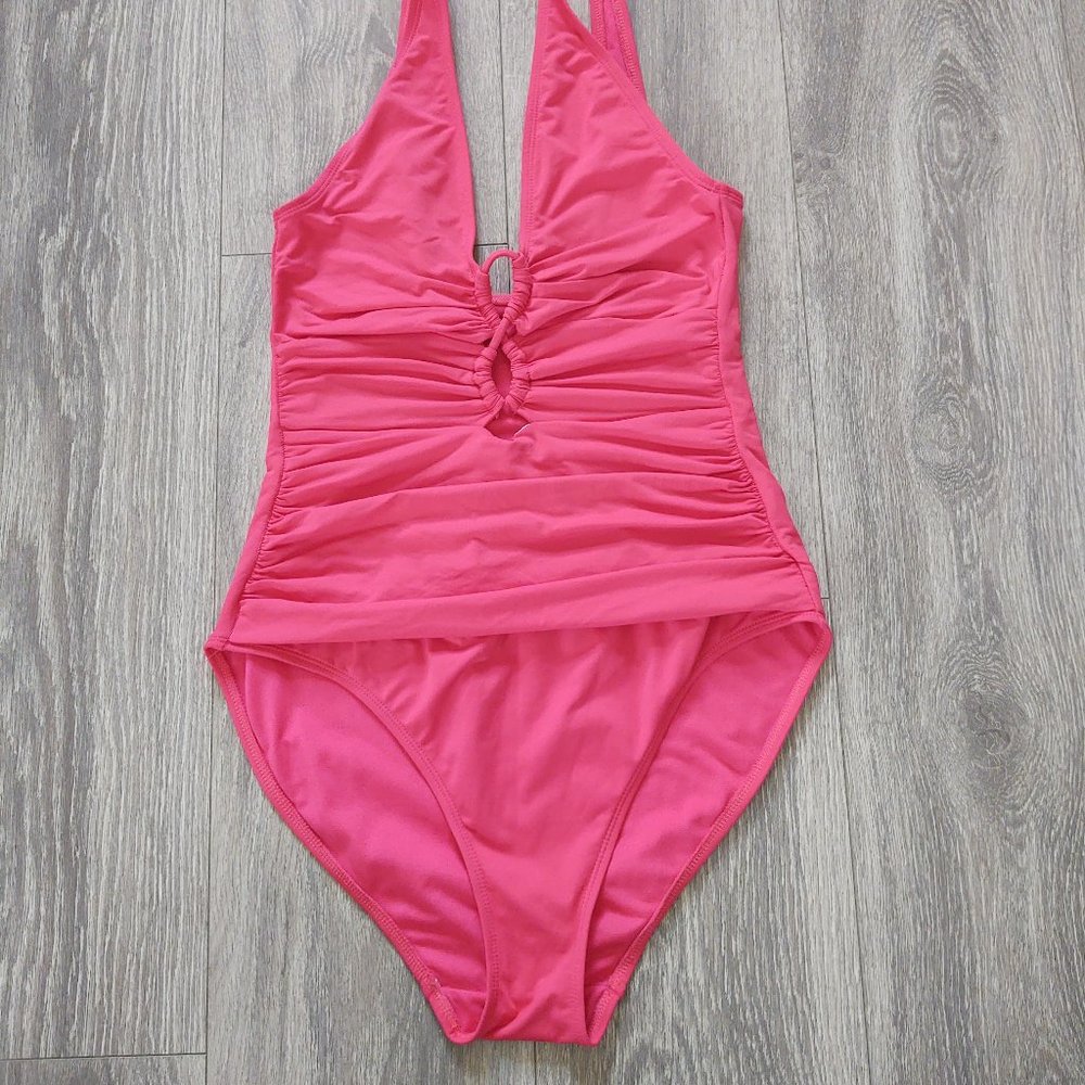 LAUREN Ralph Lauren Plunge Neckline with Strap Detail One Piece Swimsuit